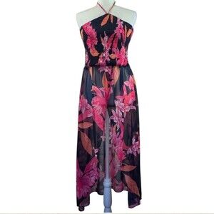 Venus Strapless Tie Neck Black Pink Orange Tropical Floral Sheer Hi Low Dress, S